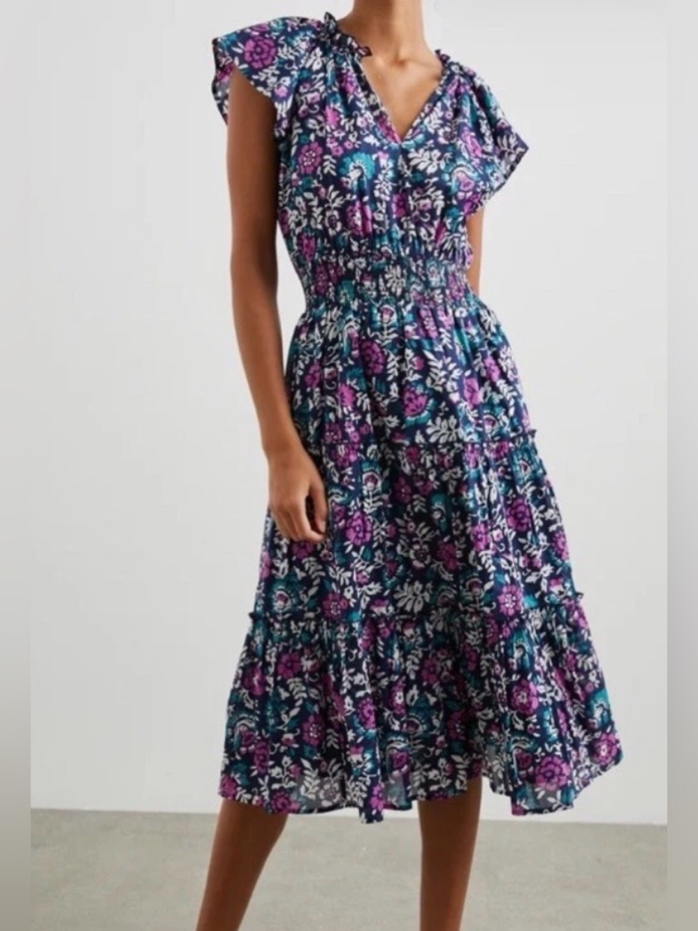 Rails S Amelia Woodblock Floral Cotton Midi Tiered Dress
